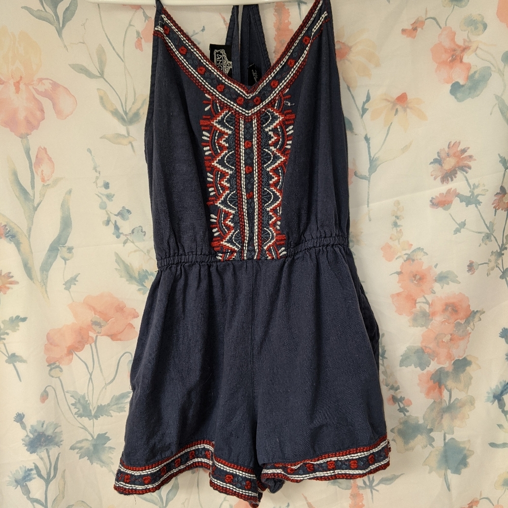 Angie Dark Blue Embroidered Cotton Boho Romper